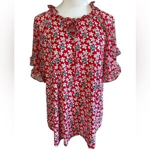 NY COLLECTION 2X Red Gray Floral Plus Size Relaxed Fit Women's Blouse top shirt